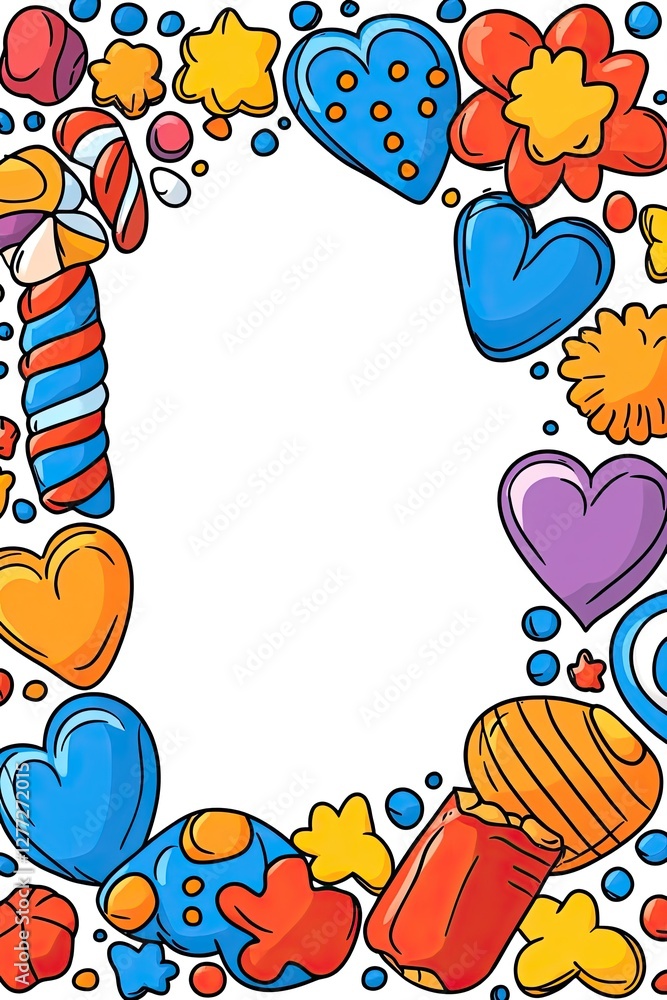 Poster a colorful frame of candy and cookies with a white background in the middle.