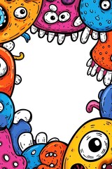 Obraz premium A colorful frame of cartoon monsters with big eyes and funny teeth surrounding a white space.