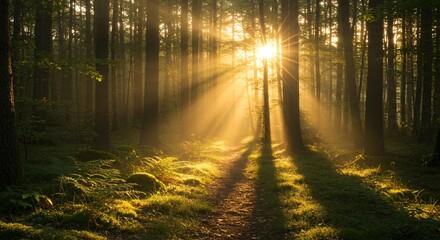Obraz premium Peaceful forest with sun rays shining through the trees in early morning light
