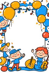 Fototapeta premium A colorful hand-drawn illustration of children celebrating with balloons, music notes and a blank space for your message.
