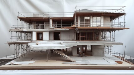 A construction site with a partially built house, emphasizing meticulous attention to structural details