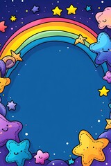 Naklejka premium A colorful rainbow and stars frame a blank space on a dark blue background, perfect for adding text or images.