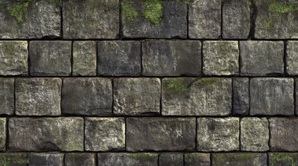 Textured Grey Stone Wall with Lichen and Moss Growth