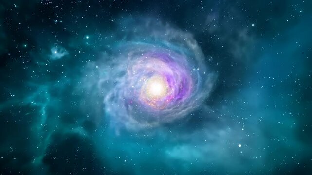 A mesmerizing view of a distant spiral galaxy with swirling stars and glowing cosmic dust in deep space.  
