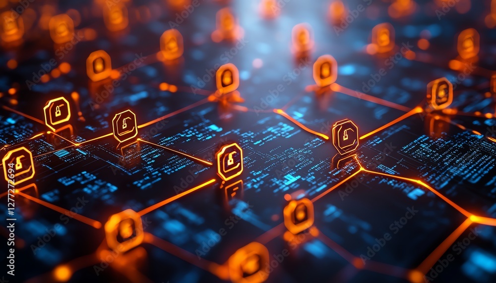 Poster futuristic double exposure of business decisionmaking and cybersecurity measures, secure data stream