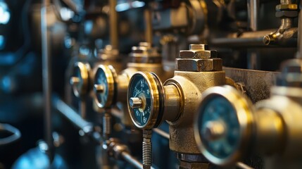 Fototapeta premium Detailed View of Industrial Pressure Gauges and Valves in Machinery