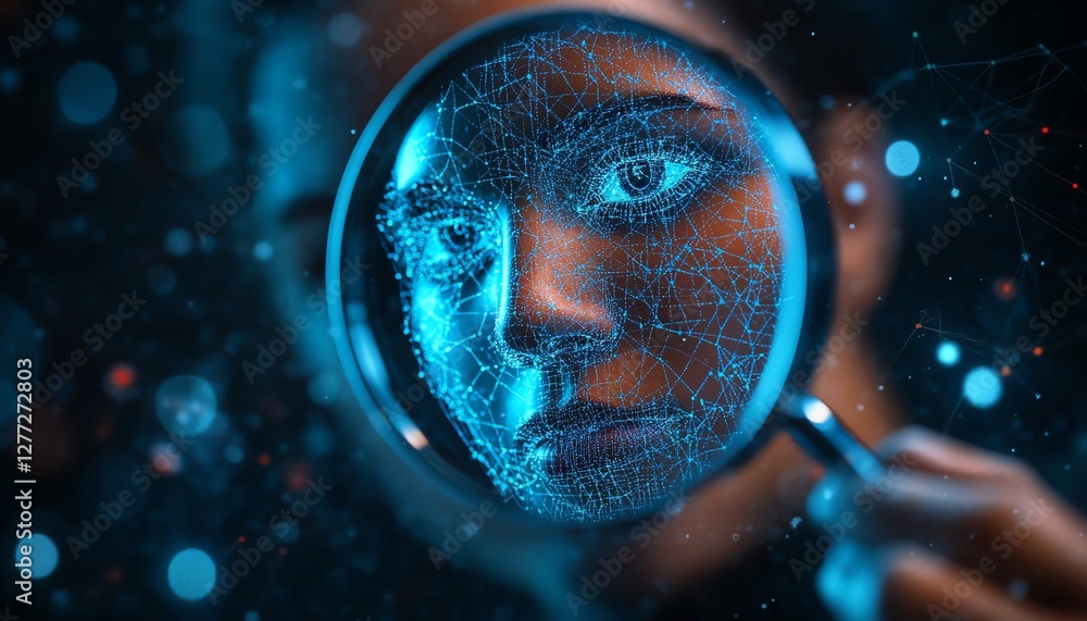 Poster hyperrealistic macro shot of a business professional closely inspecting a human icon with a magnifyi