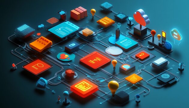 Isometric 3D illustration of enterprise resource planning ERP system, connected apps, automation, cloud integration, vibrant corporate colors, ultradetailed render