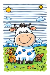 Naklejka premium A cute cartoon cow with blue spots stands in a field with a small brown house and a giraffe behind it.