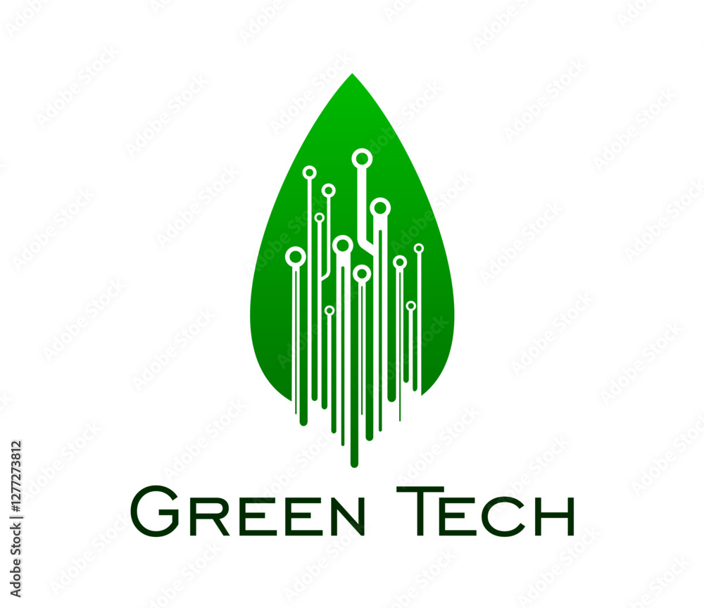 Poster green leaf and digital tech icon for eco technology and innovation, vector emblem. green tech icon o