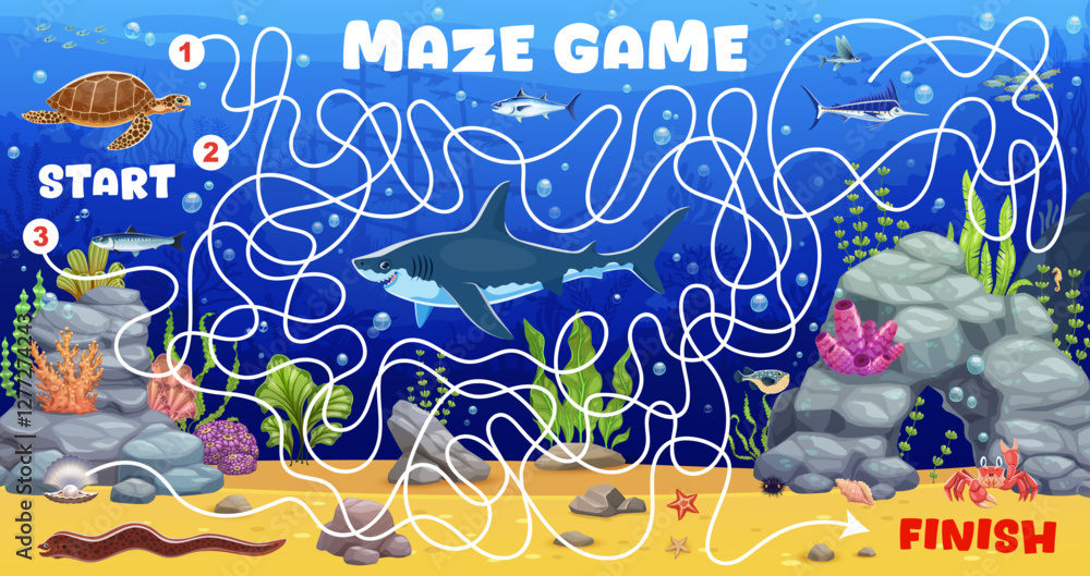 Poster kids labyrinth maze game with sea animals turtle, shark and fish encourages problem-solving and mari