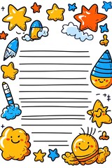 Fototapeta premium A cute, illustrated lined paper with stars, rockets, and smiling clouds on the border.