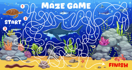 Kids labyrinth maze game with sea animals turtle, shark and fish encourages problem-solving and marine life exploration for children. Cartoon vector worksheet riddle promoting creativity and learning