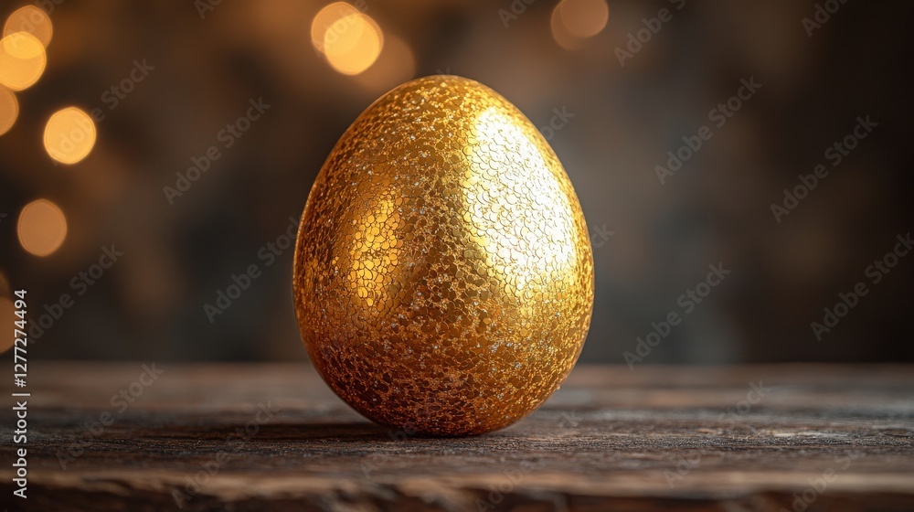 Aufkleber a shimmering golden egg resting on a rustic wooden surface with blurred lights in the background