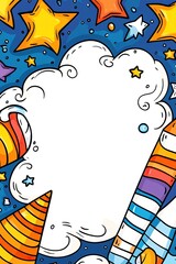 A festive background with colorful fireworks, stars, and a cloud-shaped space for text.