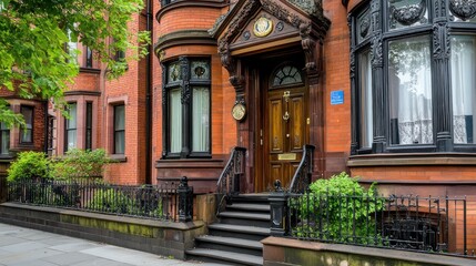 Obraz premium Victorian Era Brownstone House Entrance in City