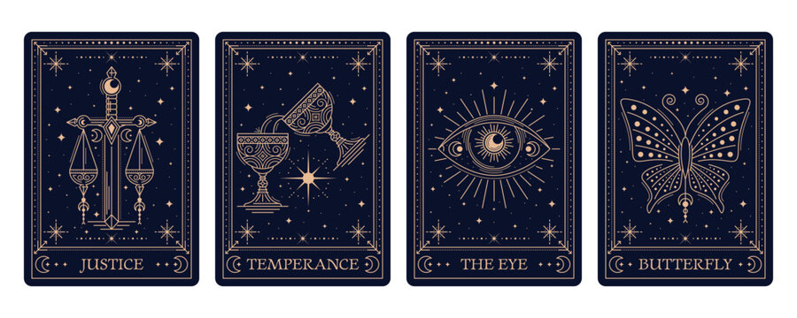 Tarot cards with esoteric and magic occult or mystic symbols in frames, vector backgrounds. Tarot cards golden frames with sacred esoteric symbols of justice, eye and temperance cup with butterfly