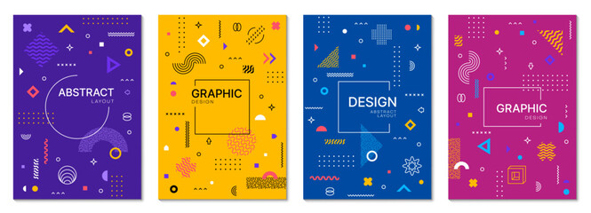 Abstract geometric memphis posters. Vector modern backgrounds, vertical cards or cover templates feature vibrant colors, dynamic shapes and bold patterns, exude a playful and eclectic aesthetic of 80s