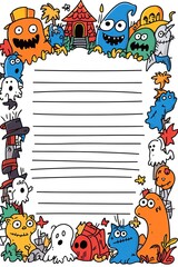 Fototapeta premium A fun and spooky Halloween themed lined paper with various cute monsters and ghosts surrounding the writing area.