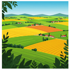 Scenic Countryside Landscape with Rolling Hills, Farms and Vibrant Fields