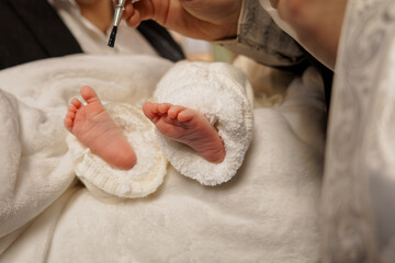 Newborn's Tiny Feet Wrapped in Soft White Blanket During Photo Shoot