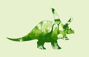 Paper cut dinosaur silhouette with prehistoric jungles landscape inside. Vector double exposure of green chasmosaurus dinosaur with titanosauria and dimorphodon dinos, trees and plants silhouettes