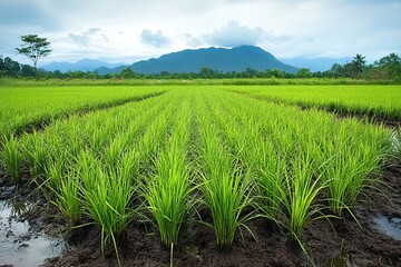 Obraz premium Lush Green Rice Paddy Field Scenic Landscape Vibrant Nature Tranquil Agricultural Scenery Serene Rural View Picturesque Countryside Breathtaking 
