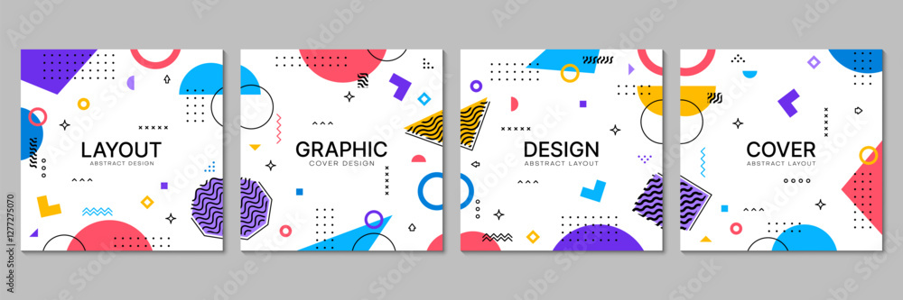 Poster Abstract square banners with geometric memphis patterns of vector line art shapes. Modern trendy memphis graphic pattern backgrounds for business banner templates with color lines and dots figures