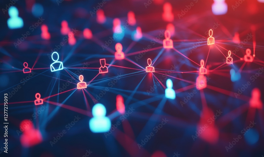 Poster social network connections with icons the background is a dark blue and red color, with glowing ligh