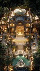 Obraz premium A grand, opulent mansion with a dome, surrounded by a lush garden with a fountain, illuminated at night.