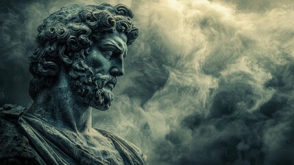 Majestic Ancient Sculpture Against Dramatic Cloudy Background