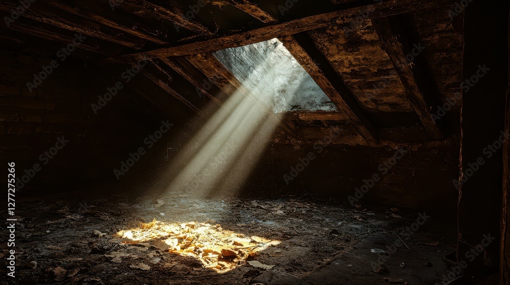 Poster light beams streaming through an old attic window with dust particles