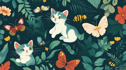 Obraz premium Playful Cats Surrounded by Colorful Butterflies and Vibrant Plants