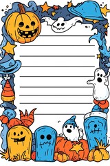 A Halloween-themed doodle border with pumpkins, ghosts, and stars surrounding a blank space for writing.
