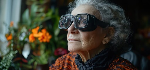 An elderly woman wearing AR glasses, effortlessly controlling smart home devices with gestures, showcasing accessibility and harmony with technology.

