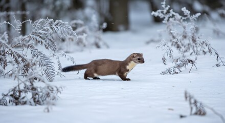 Obraz premium European Pine Marten Walking Through Snowy Winter Forest Landscape