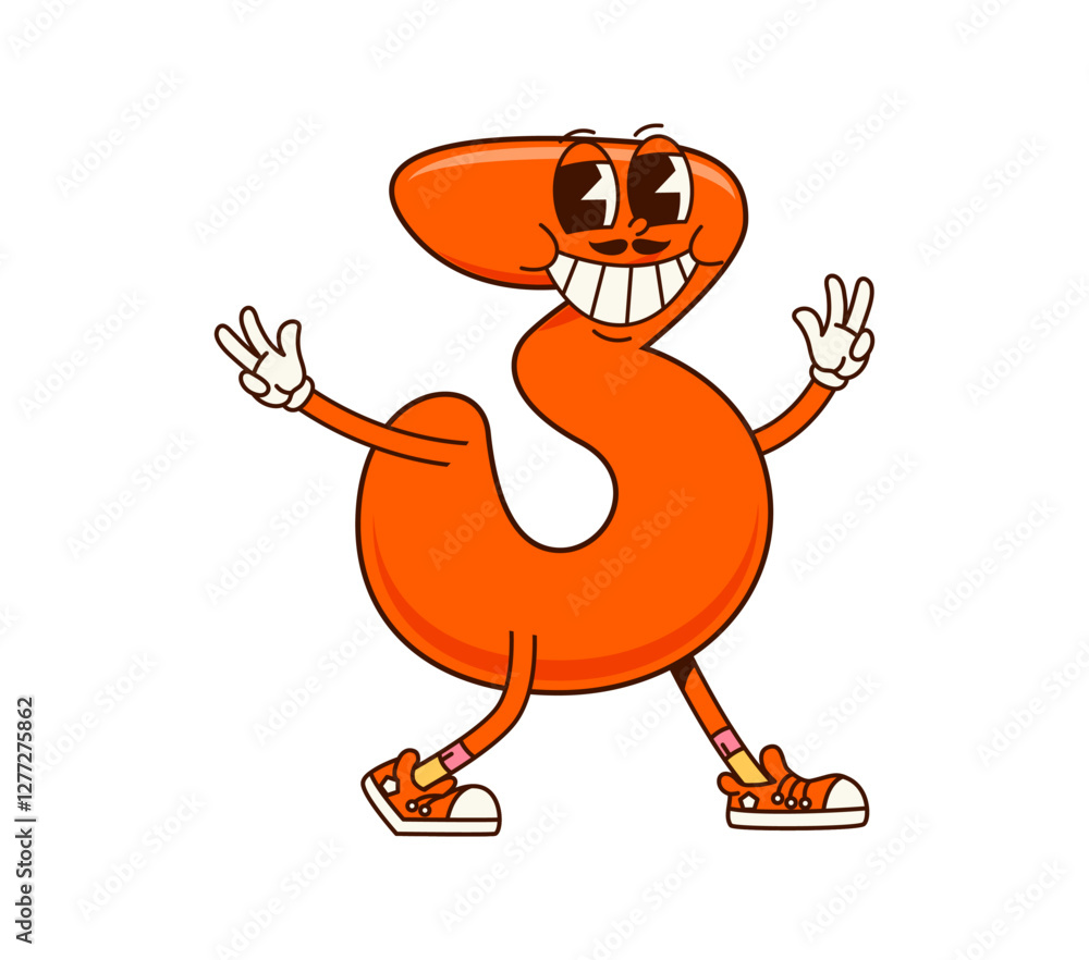 Poster groovy math number three retro cartoon character with funny face and silly smile, vector emoji. groo