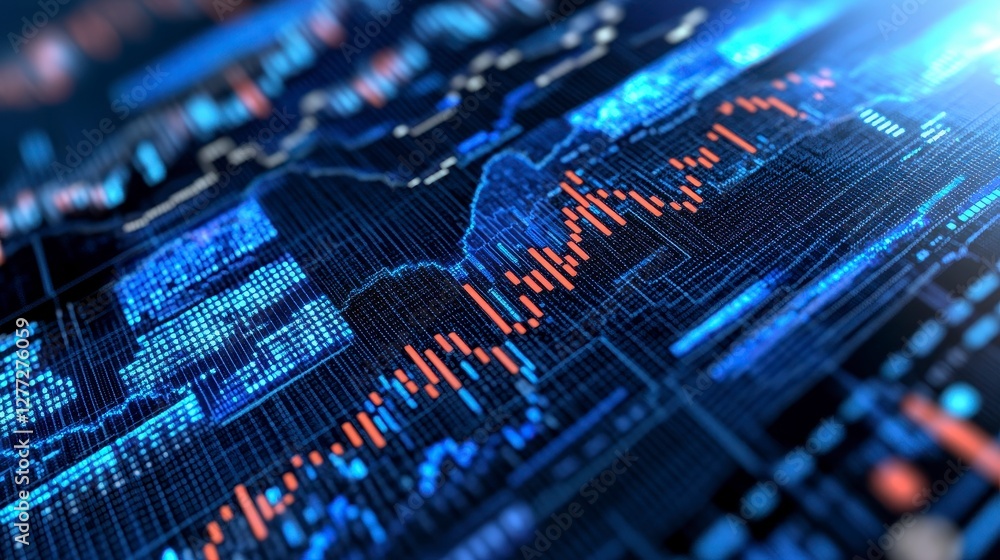 Poster abstract digital data visualization with glowing blue and orange lines