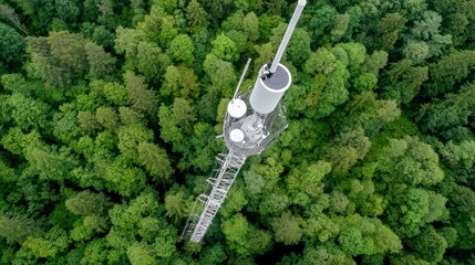 Obraz premium Aerial View of White and Gray Tower Extending Above Green Forest Canopy