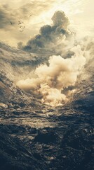 Fototapeta premium Dramatic Eruption of Volcanic Ash and Smoke Over Rugged Mountain Landscape