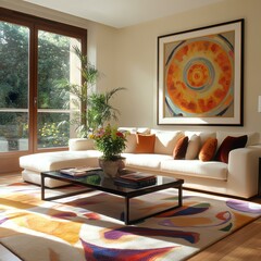 Stylish living room with vibrant artwork and plants.
