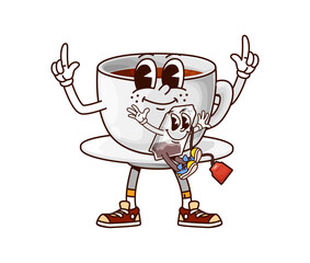 Groovy breakfast tea cup character. Isolated cartoon vector cheerful porcelain teacup retro personage with cute teabag on a saucer, exuding nostalgic funky vibes. Hot drink mug evokes a sense of joy