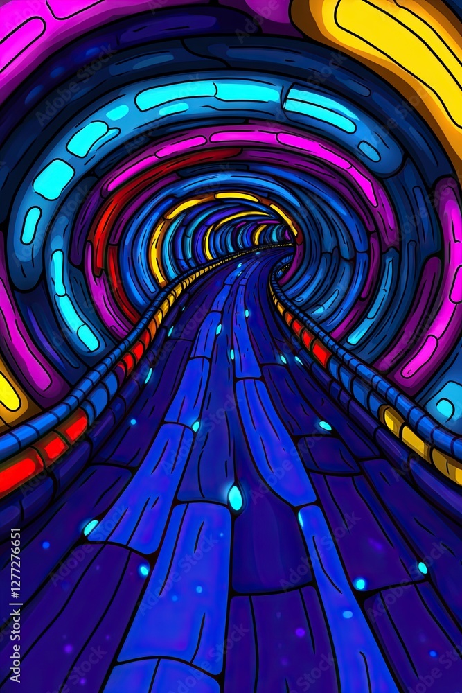 Poster a psychedelic tunnel with a colorful, swirling pattern and a glowing path leading into the distance.