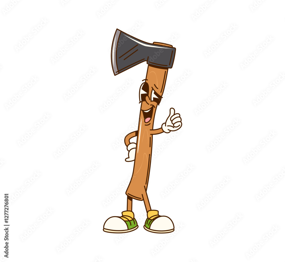 Poster groovy axe cartoon character for repair, construction and diy tool, vector comic emoji. groovy axe o