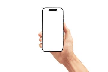 Hand holding a smartphone with a blank screen minimalist design digital technology setting indoor environment close-up viewpoint modern communication concept