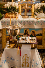 Sacred Ritual Setup with Religious Artifacts in a Church Setting