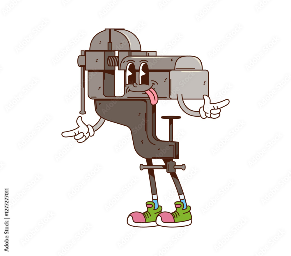 Poster groovy work tool or diy and repair cartoon character of vise with funny face, vector building emoji.