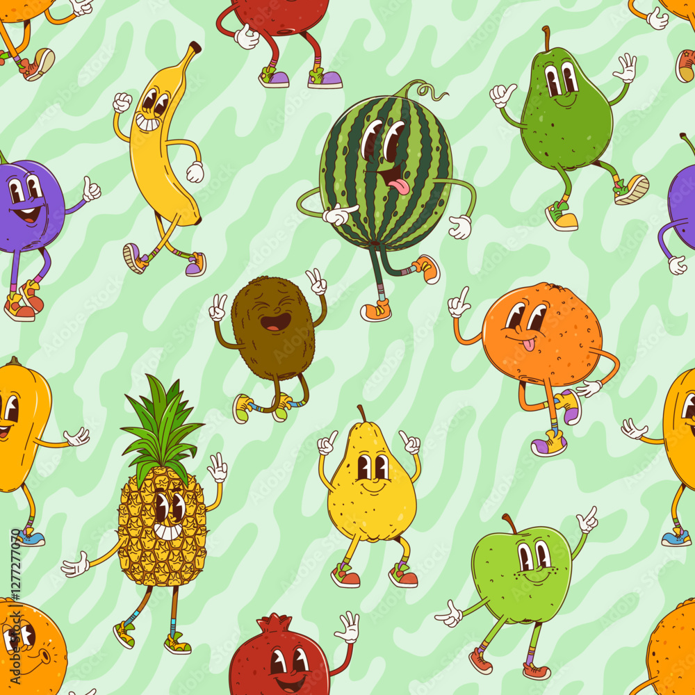 Poster groovy fruit characters seamless pattern. vector tile with fun and quirky plum, banana, watermelon, 