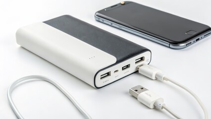 Portable Charger and Smartphone on White Background