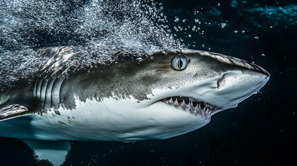 Fototapeta premium Close-up view of a shark swimming gracefully underwater, surrounded by bubbles, exhibiting its powerful presence with sharp teeth and piercing eyes